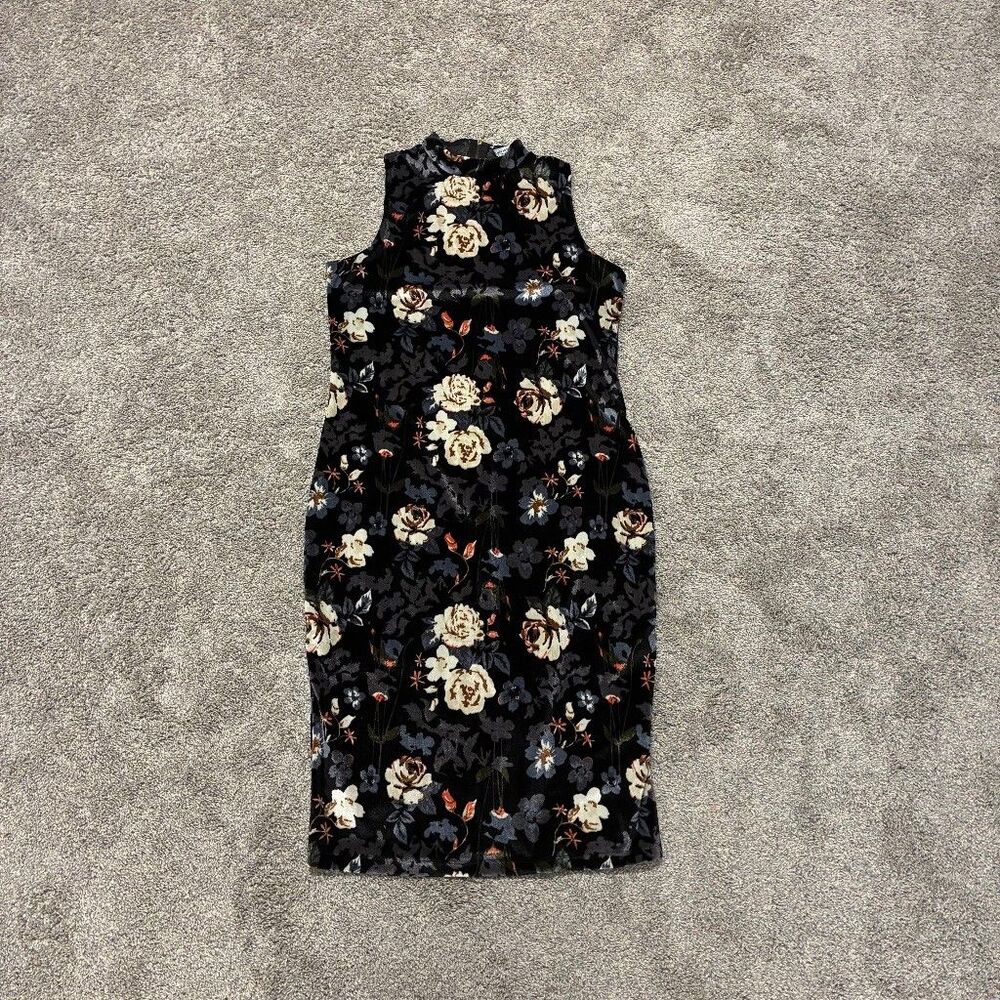 Velvet Midi Dress L Black Floral Mock Neck Zip Dark Romantic Fairy Whimsigoth